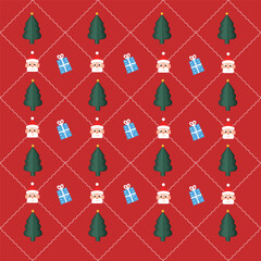 Seamless Christmas Pattern Set Featuring Cute Santa Claus Faces, Festive Reindeer, Gifts, and Red Bows in Vector Flat Design.