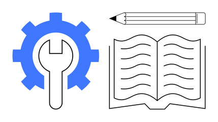 Gear with wrench for engineering, book with lines for learning, pencil for creation. Ideal for education, training, knowledge, engineering, design creativity innovation. Simple flat metaphor