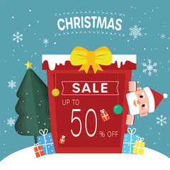 Vibrant Christmas Sale Banner Illustration with Festive , Snowflakes, and Big Discount Text - Up to 50% Off Promotion Graphic.