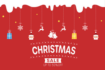 Vibrant Christmas Sale Banner Illustration with Festive , Snowflakes, and Big Discount Text - Up to 50% Off Promotion Graphic.