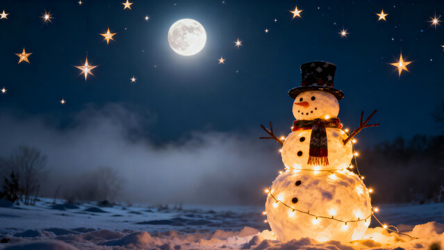 Whimsical snowman illuminated by warm lights under a starry night sky with a full moon
