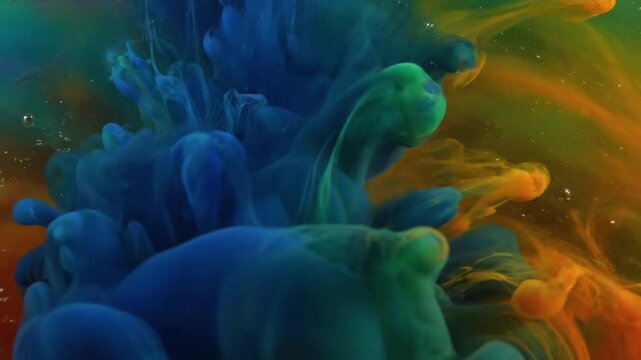 Dynamic interaction of highly saturated, flowing liquid pigments, creating a mesmerizing visual symphony of primary and secondary hues. Close up, high speed capture of vibrant inks.