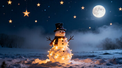 Whimsical snowman decorated with glowing christmas lights under a starry night sky and full moon