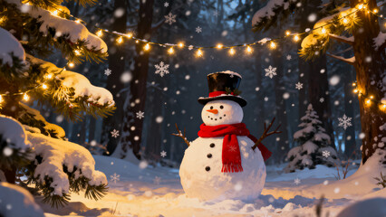 Charming snowman with red scarf and top hat in snowy forest with twinkling lights
