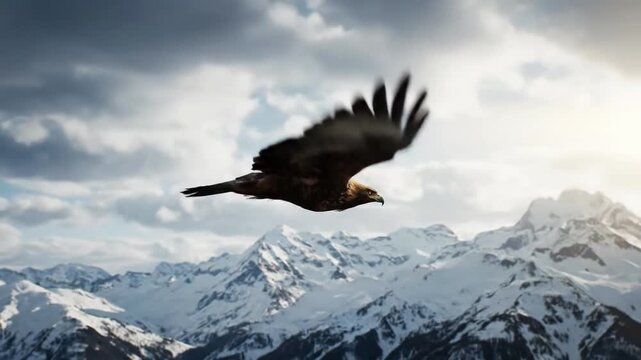 A majestic eagle soaring gracefully through a vast, untamed mountain landscape, showcasing its dominance and freedom in the wild. Wide shot capturing the eagle's flight path against a backdrop of?