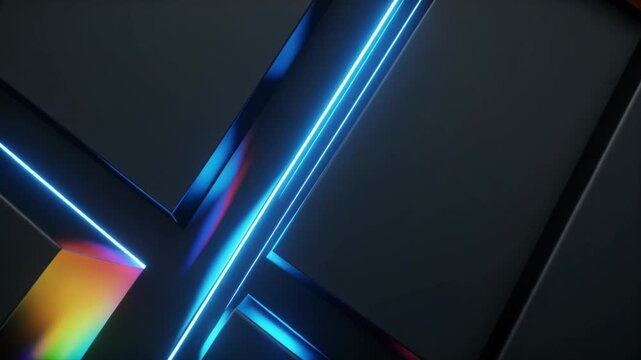 Dynamic abstract motion with neon light streaks through dark geometric planes, creating a futuristic, high-tech visual experience for digital content.
