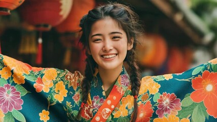 Smiling, a young Asian woman in a traditional flowery kimono
