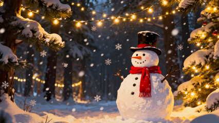 Charming snowman wearing a top hat and red scarf stands in a snowy forest decorated with festive christmas lights