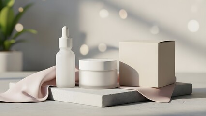 Elegant skincare product display with neutral tones and soft light, perfect for showcasing organic beauty and promoting a sense of calm and wellbeing now