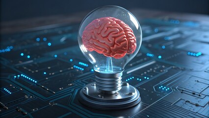 Human brain glowing inside a lightbulb on a circuit board, symbolizing ai