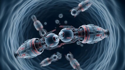 3D blue DNA strand with glowing energy spheres