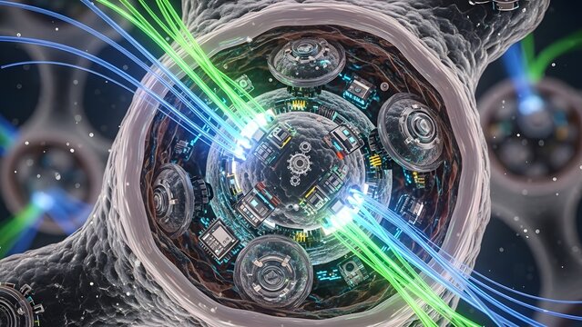 Abstract blue fiber optic technology background with glowing light spots and futuristic digital network design