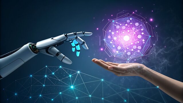 Ai robot hand reaching human hand with abstract digital sphere
