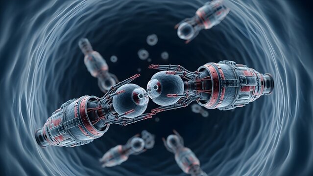 3D blue DNA strand with glowing energy spheres