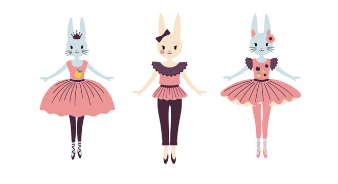 Set of three adorable bunny ballerinas in pink and purple tutus and ballet shoes, perfect for nursery decor or children's illustrations.