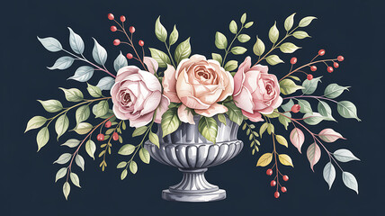 Beautiful hand-painted watercolor floral arrangement featuring elegant pink roses, green leaves, and red berries in a classic stone urn