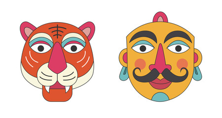 Two colorful and stylized traditional masks one of a tiger and the other of a human face.
