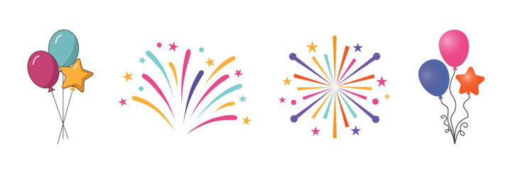 Colourful celebration vector elements set with party balloons and abstract firework bursts isolated for festive occasions.