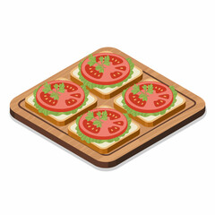 A visually appealing tray features neatly arranged tomato sandwiches, highlighting fresh ingredients, perfect for showcasing delicious culinary art and appetizing meals.