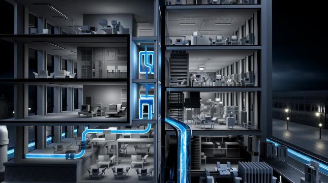 A grand, infographic-style perspective of an office or hotel building's water system, a cross-section of a modern office or hotel building, with water flowing like a luminous blue artery, starting fro
