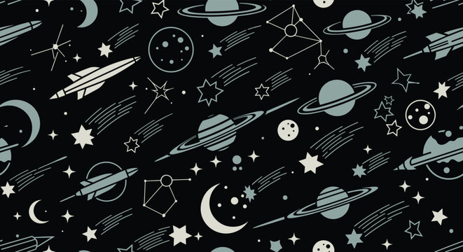 Seamless monochrome space pattern with rockets, planets, stars, and constellations on a dark background for wallpaper or textiles.