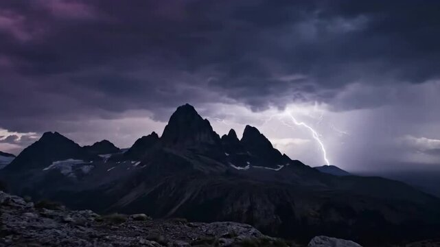 The raw, untamed spectacle of a distant lightning storm illuminating a rugged mountain range at twilight, emphasizing nature's immense power. Capturing the dynamic, unpredictable beauty of?