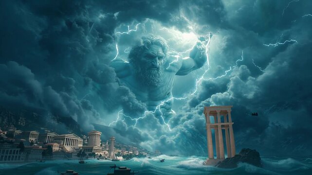 Majestic stormy sea with ancient ruins and mythical figure in sky