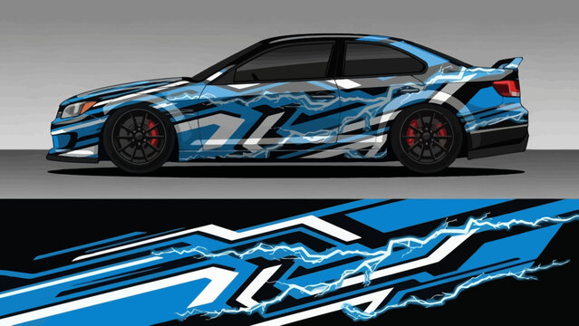 Car wrap design with lightning and geometric shapes in blue and white.
