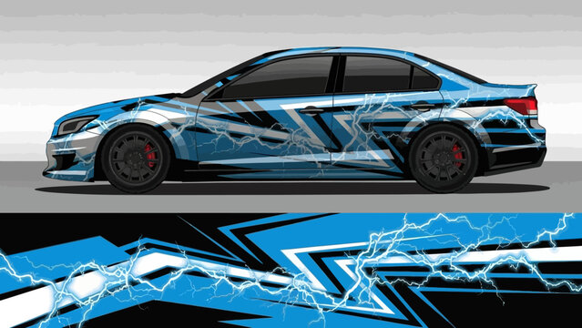 Custom car wrap design with an abstract blue lightning bolt graphic for a modern sports sedan.