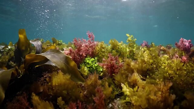 Intricate close up of vibrant green and red seaweed fronds gently swaying with subtle ocean currents, highlighting their delicate textures and organic patterns against a soft, blurred underwater backg
