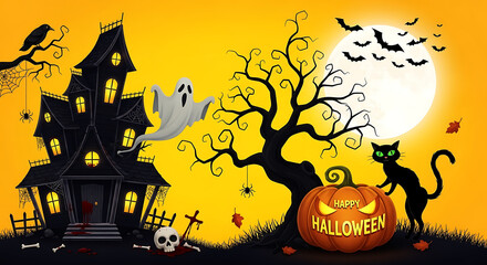 Spooky halloween night scene with a haunted house, flying ghost, glowing pumpkin, black cat, and bats under a full moon