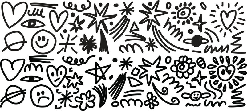 Whimsical doodle collage of hearts stars smiley faces and planets