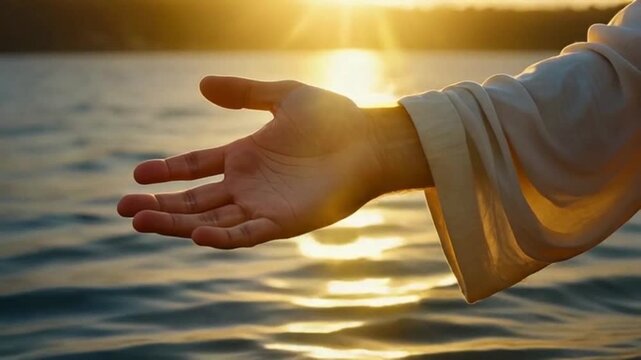 A comforting hand extends across tranquil waters, touched by radiant golden light, evoking feelings of solace, hope, and spiritual embrace