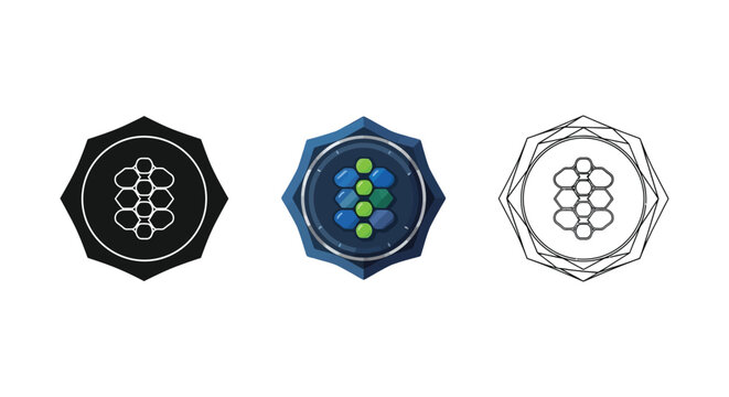 Three variations of a biological cell cluster or molecular structure emblem in black, color, and outline forms