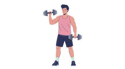 
A man doing exercise with dumbbells vector flat illustration. People practicing workout in pair enjoy healthy lifestyle