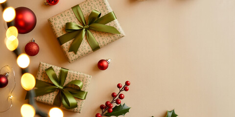 Festive christmas gifts and ornaments with twinkling lights