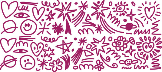 Whimsical doodle art with hearts stars and faces
