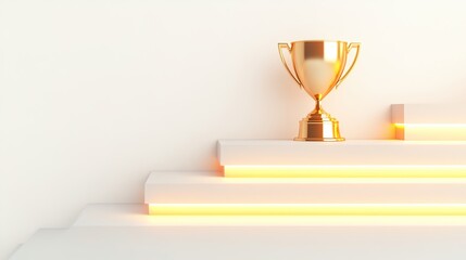 middleground. A golden trophy rests on a central staircase step, symbolizing achievement with elegant lighting and a minimalist polished metal surface. event key visuals.