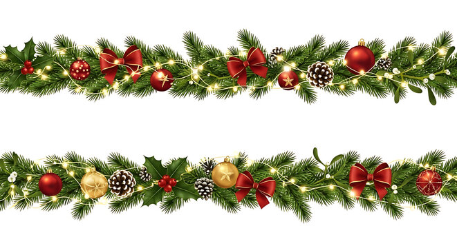 Seamless christmas garland with festive red and gold ornaments, green fir branches, and glowing lights, isolated on white background