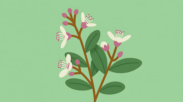 Graceful minimalist botanical illustration showcasing delicate pink blossoms and fresh green leaves on a slender branch, perfect for elegant natural designs - Powered by Adobe