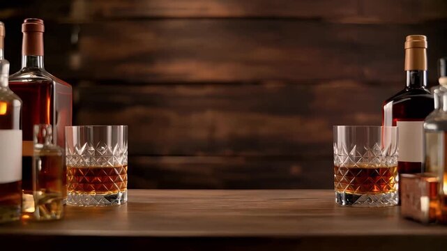 Whiskey bottles and glasses on a rustic wooden bar counter, evoking a sense of classic elegance and fine spirits.