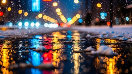 Blurred city lights reflecting on wet pavement during winter night