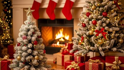 Cozy christmas living room with fireplace and decorated trees