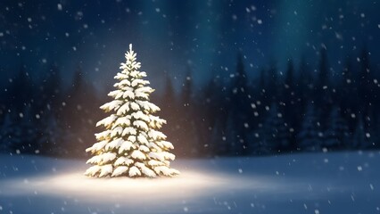 Snowy christmas tree glowing in a winter night landscape
