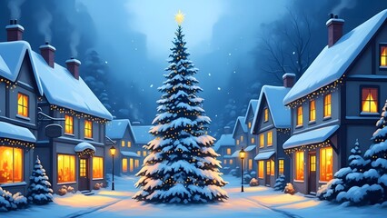 Snowy village christmas tree scene with warm glowing windows