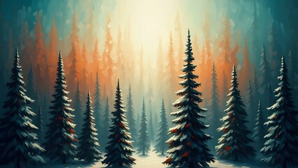 Abstract winter forest landscape with light and tall trees