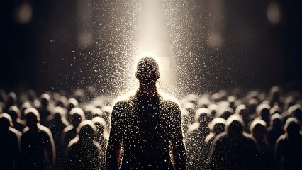 Person standing out from crowd bathed in light