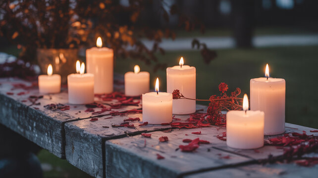 Romantic evening ambiance with glowing candles and rose petals - Powered by Adobe