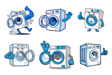 cartoon washing machines with various expressions and poses.