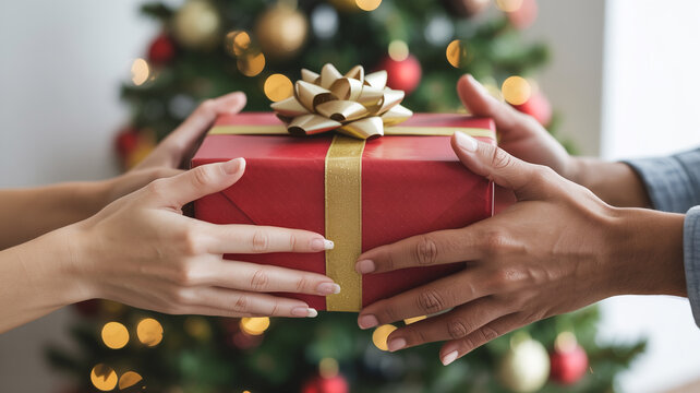 Hands exchanging a red christmas gift in front of a decorated tree